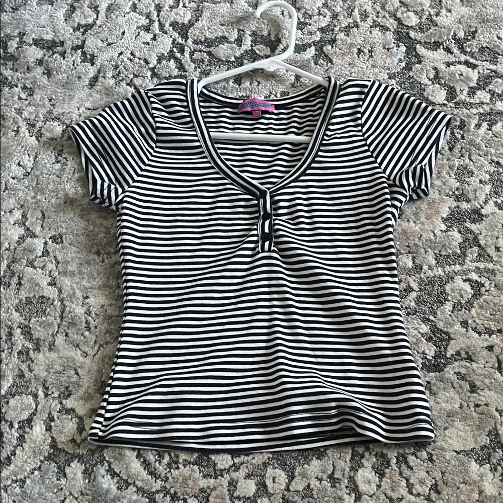 Edikted Black & White Striped Short Sleeve Tee with Front Tie